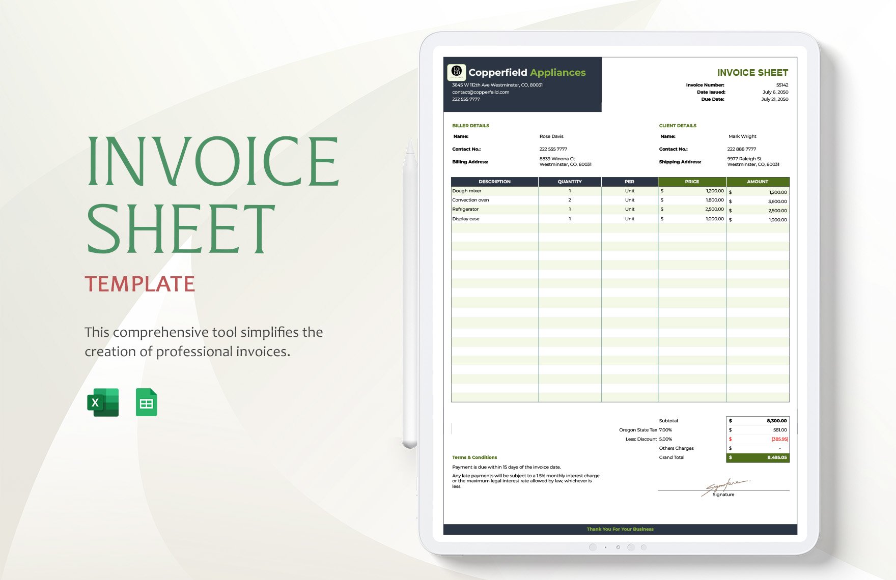 Invoice Sheet Template in Excel, Google Sheets