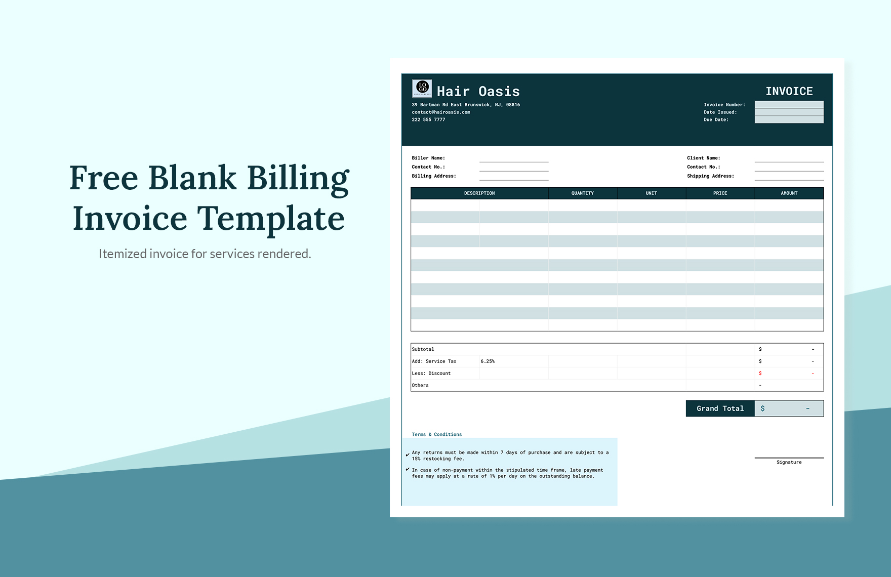 Blank Billing Invoice Template in Excel, Google Sheets - Download | Template.net