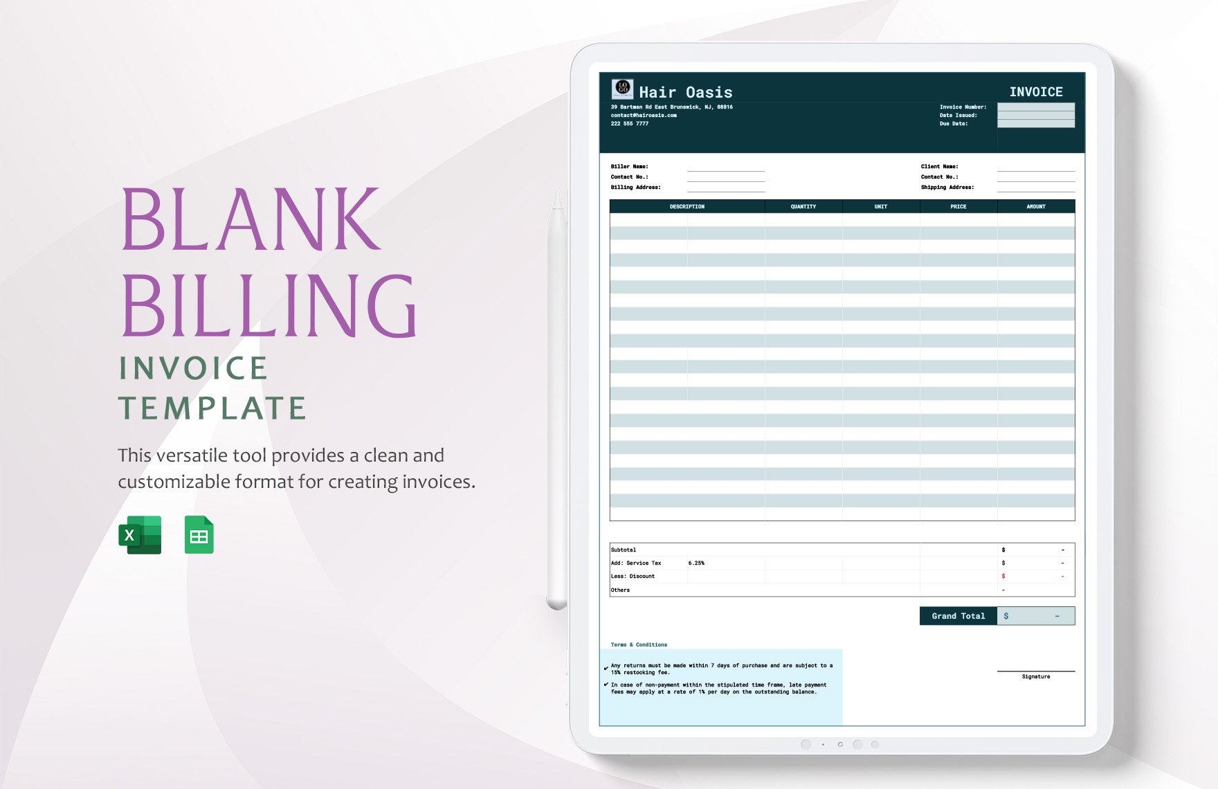 Free Blank Billing Invoice Template in Excel, Google Sheets