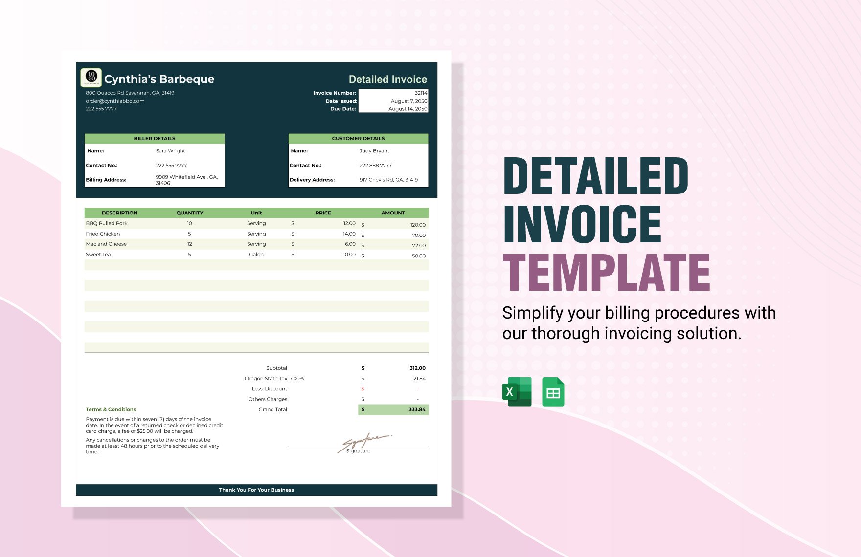Detailed Invoice Template in Excel, Google Sheets