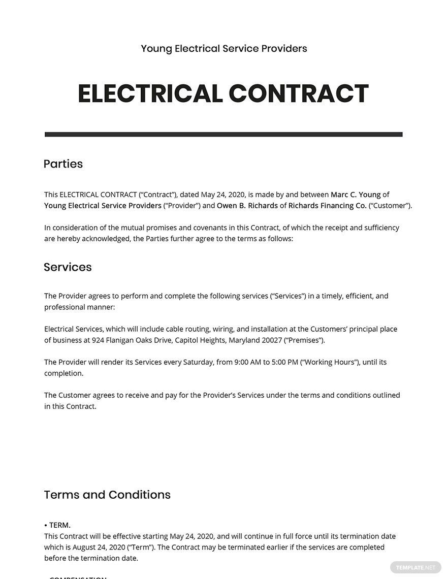 Printable Electrical Contract Template