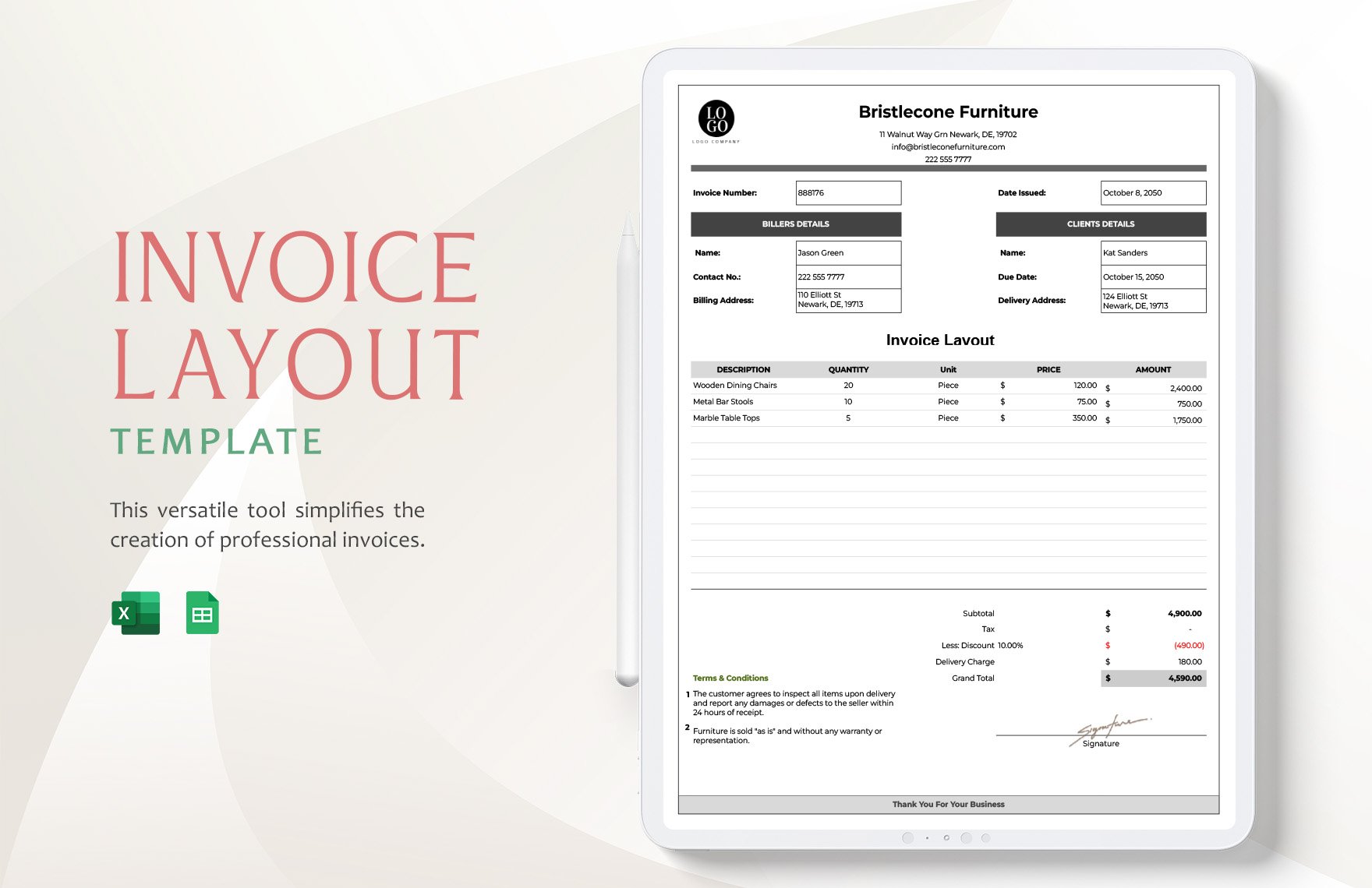 Invoice Layout Template in Excel, Google Sheets
