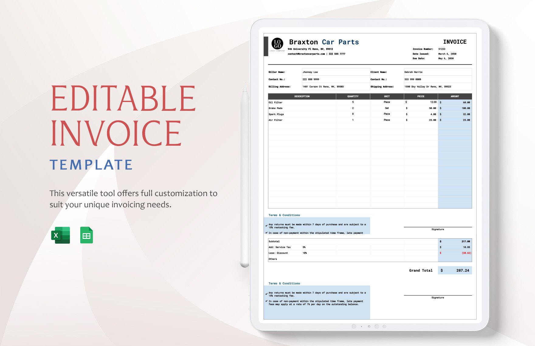 Free Editable Invoice Template in Excel, Google Sheets