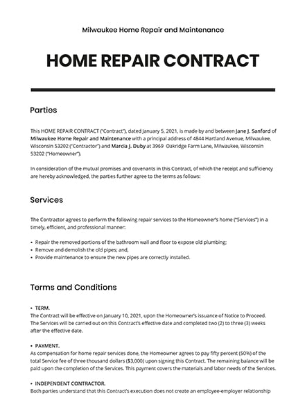 Printable Simple Home Repair Contract Template Printable Templates