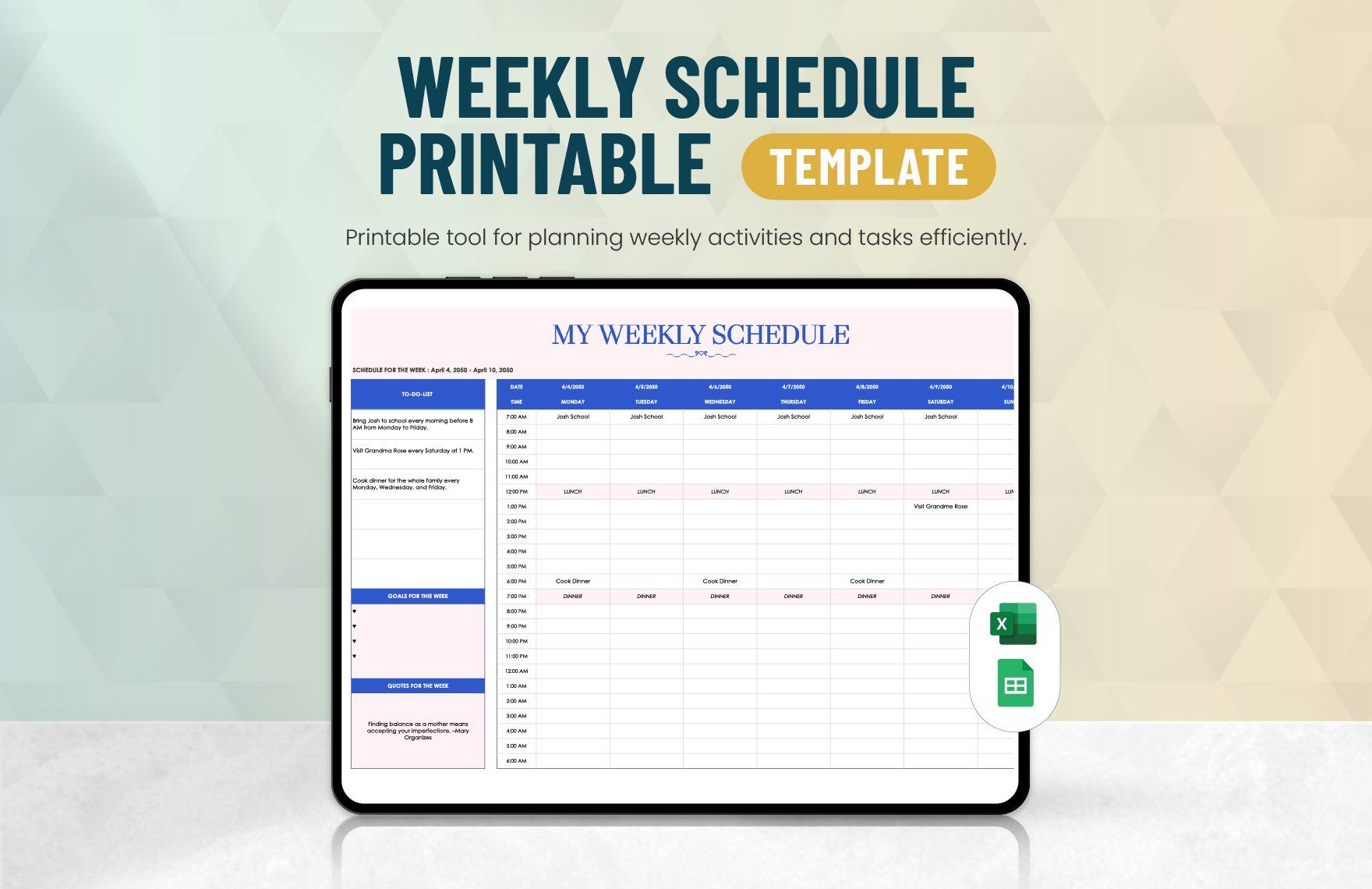 Weekly Schedule Printable in Excel, Google Sheets