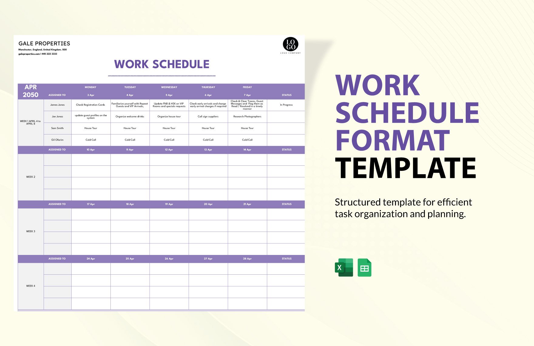 Work Schedule Format in Excel, Google Sheets