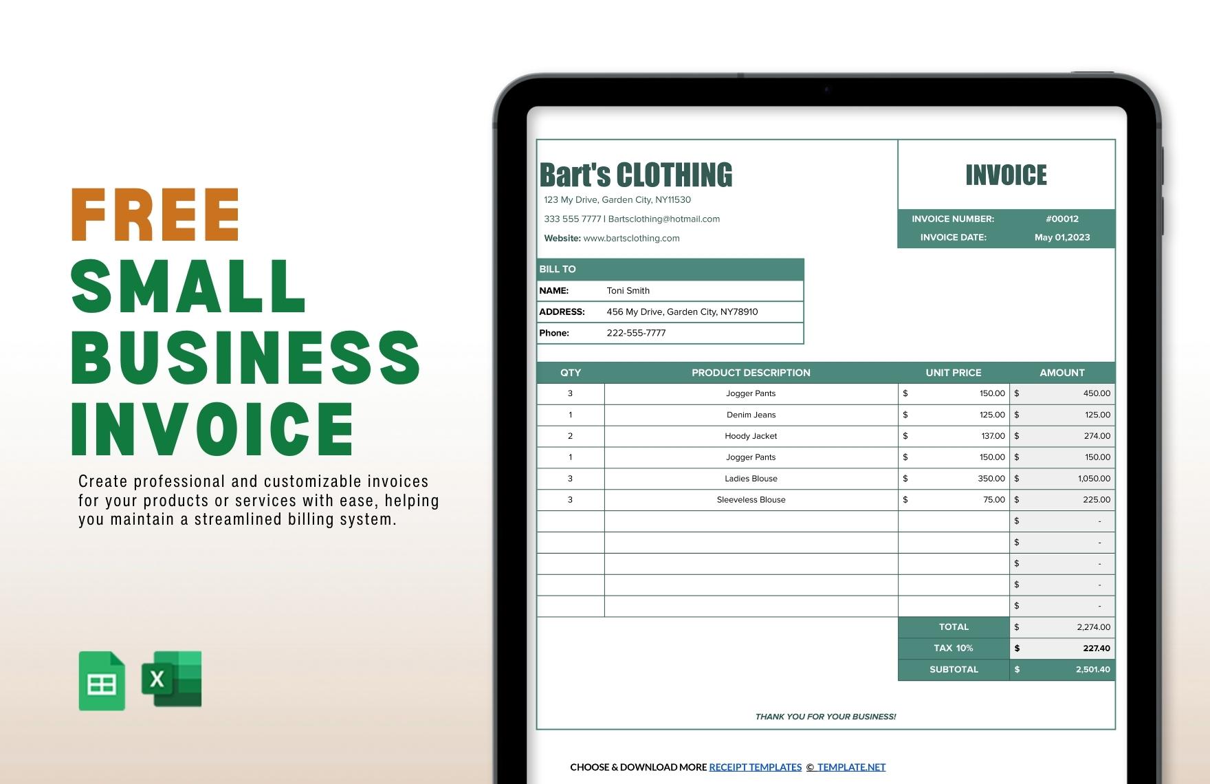 Small Business Invoice in Excel, Google Sheets - Download | Template.net