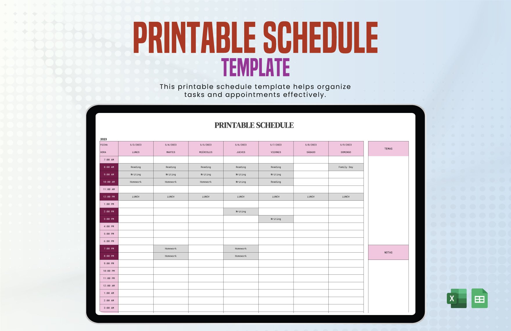 Free Printable Schedule in Excel, Google Sheets