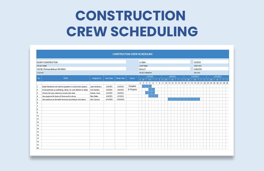 Construction Crew Scheduling in Excel, Google Sheets