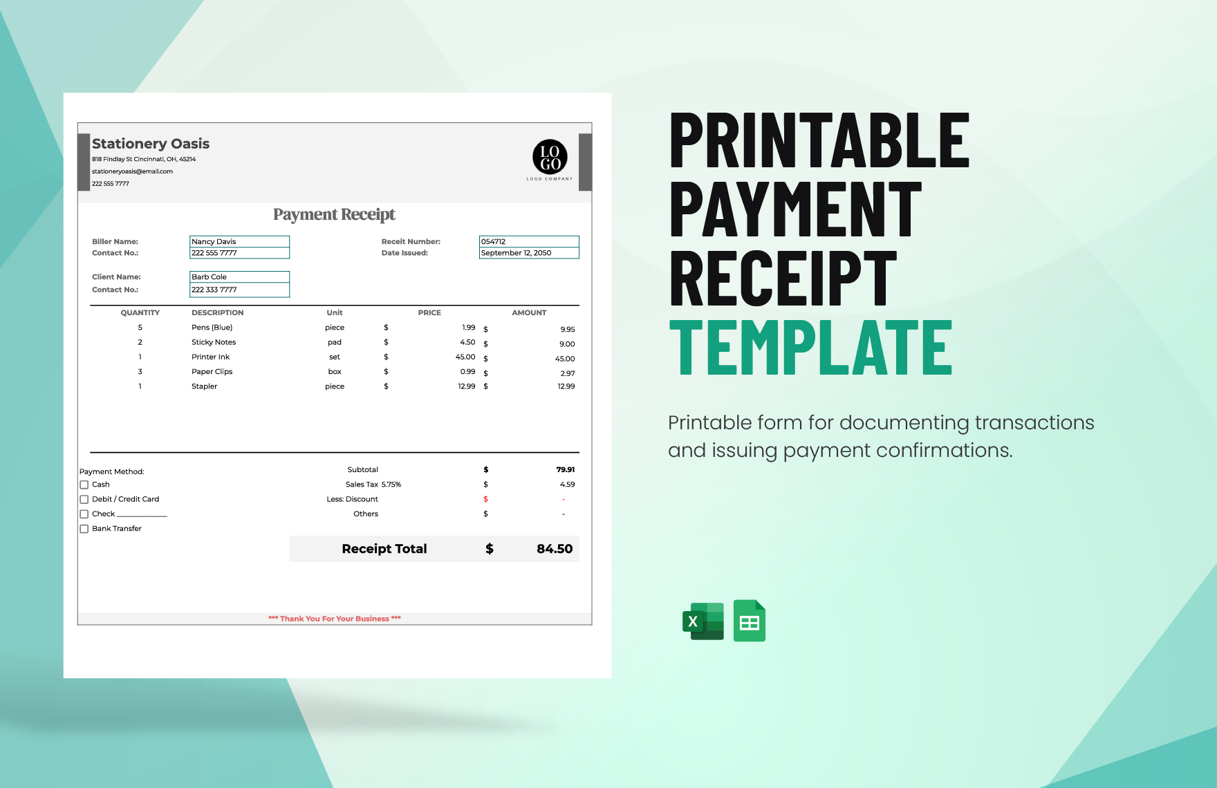 Printable Payment Receipt Template in Excel, Google Sheets