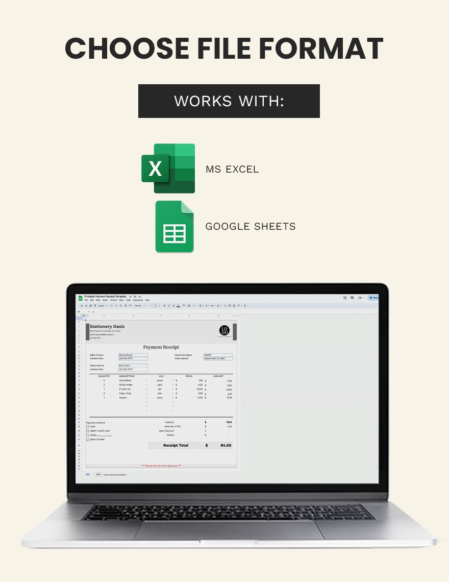 Printable Payment Receipt Template - Google Sheets, Excel | Template.net