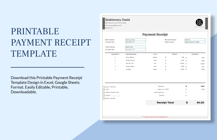 Printable Payment Receipt Template in Excel, Google Sheets