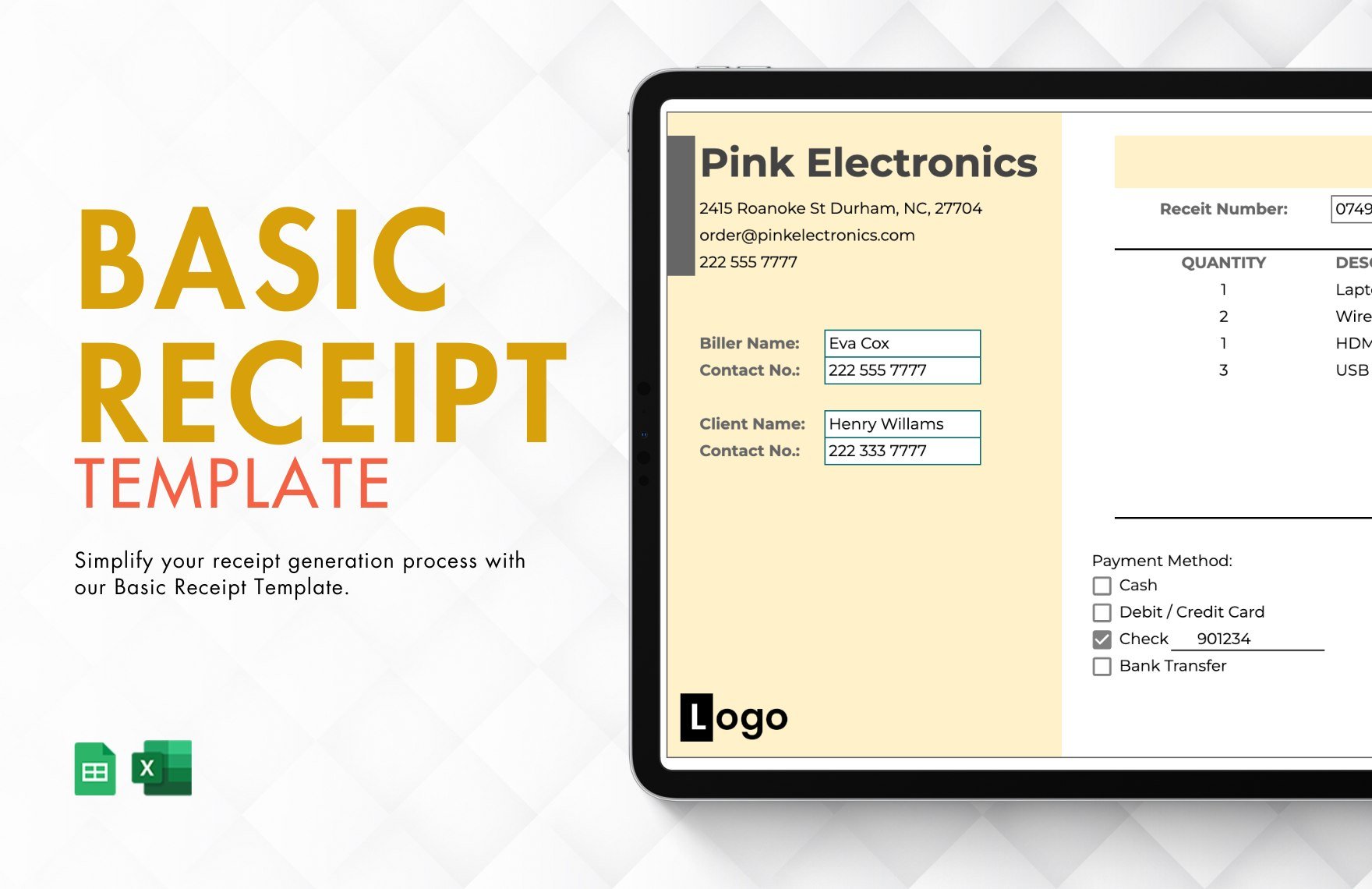 Free Basic Receipt Template in Excel, Google Sheets