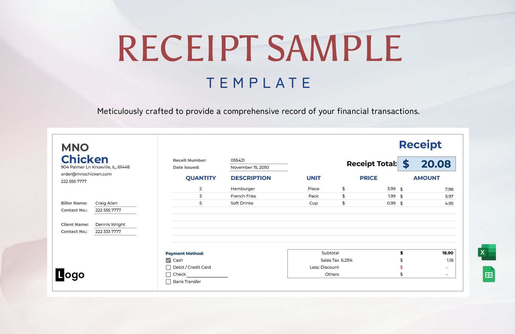 Free Receipt Sample in Excel, Google Sheets