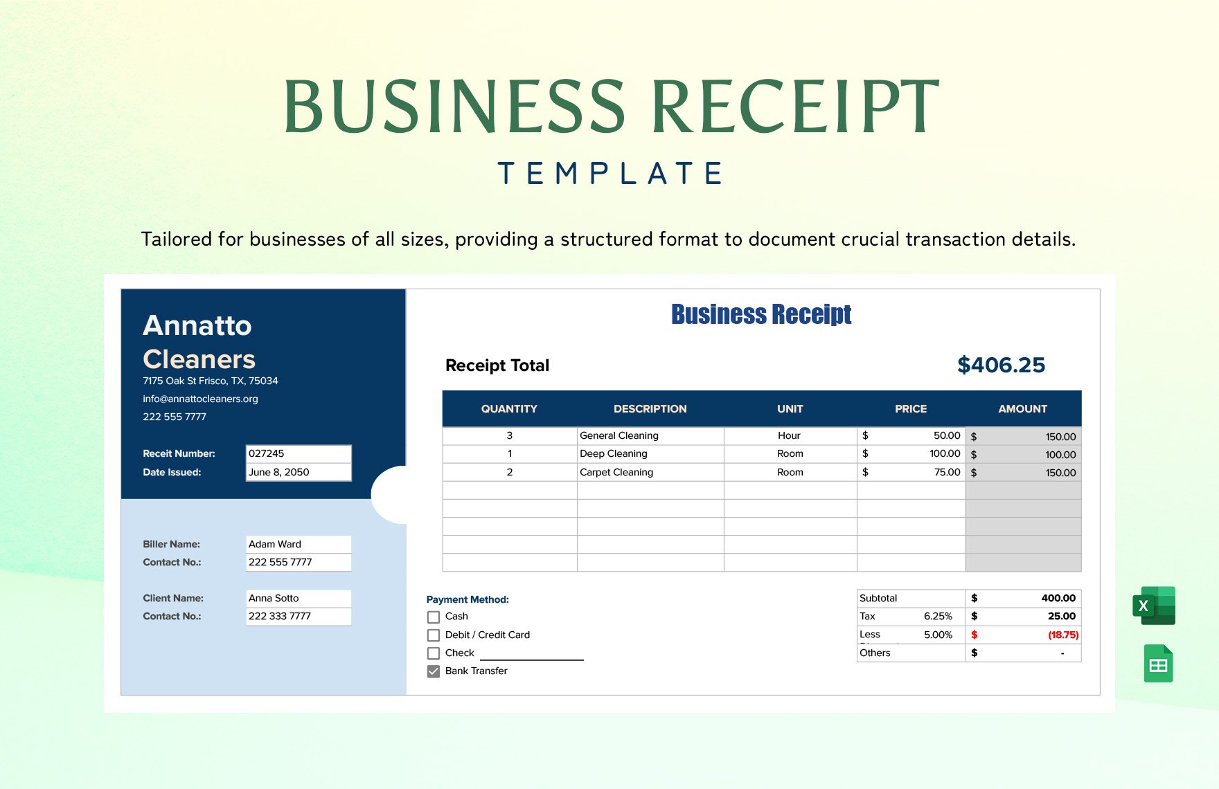 Business Receipt Template in Excel, Google Sheets