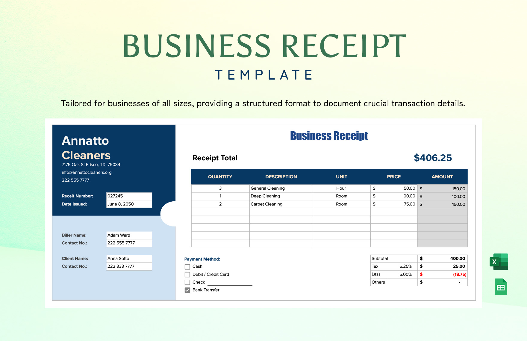 Business Receipt Template in Excel, Google Sheets - Download | Template.net