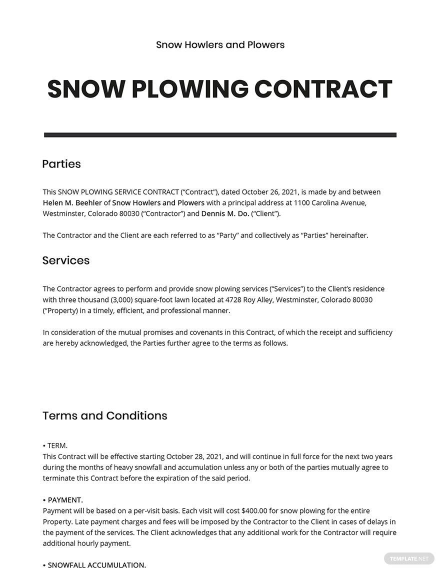 Snow Plowing Contract Template Google Docs, Word, Apple Pages