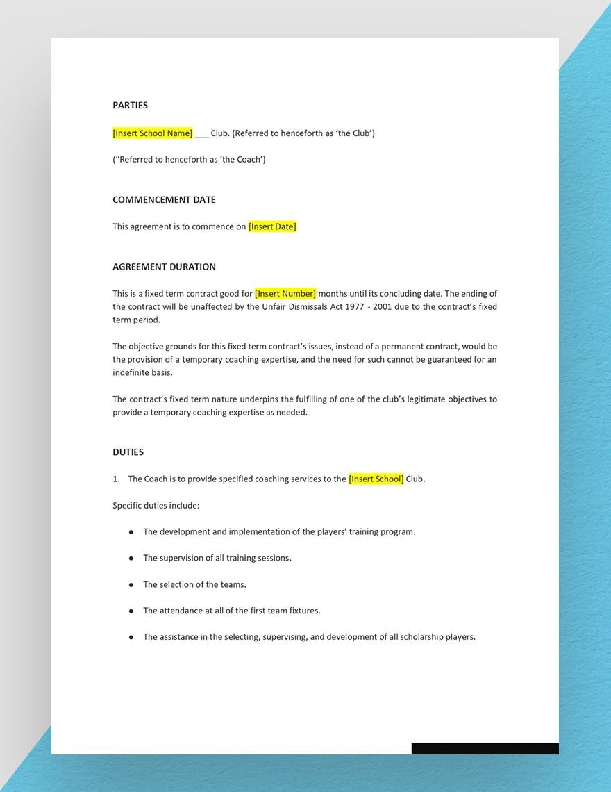 Sports Coach Contract Template