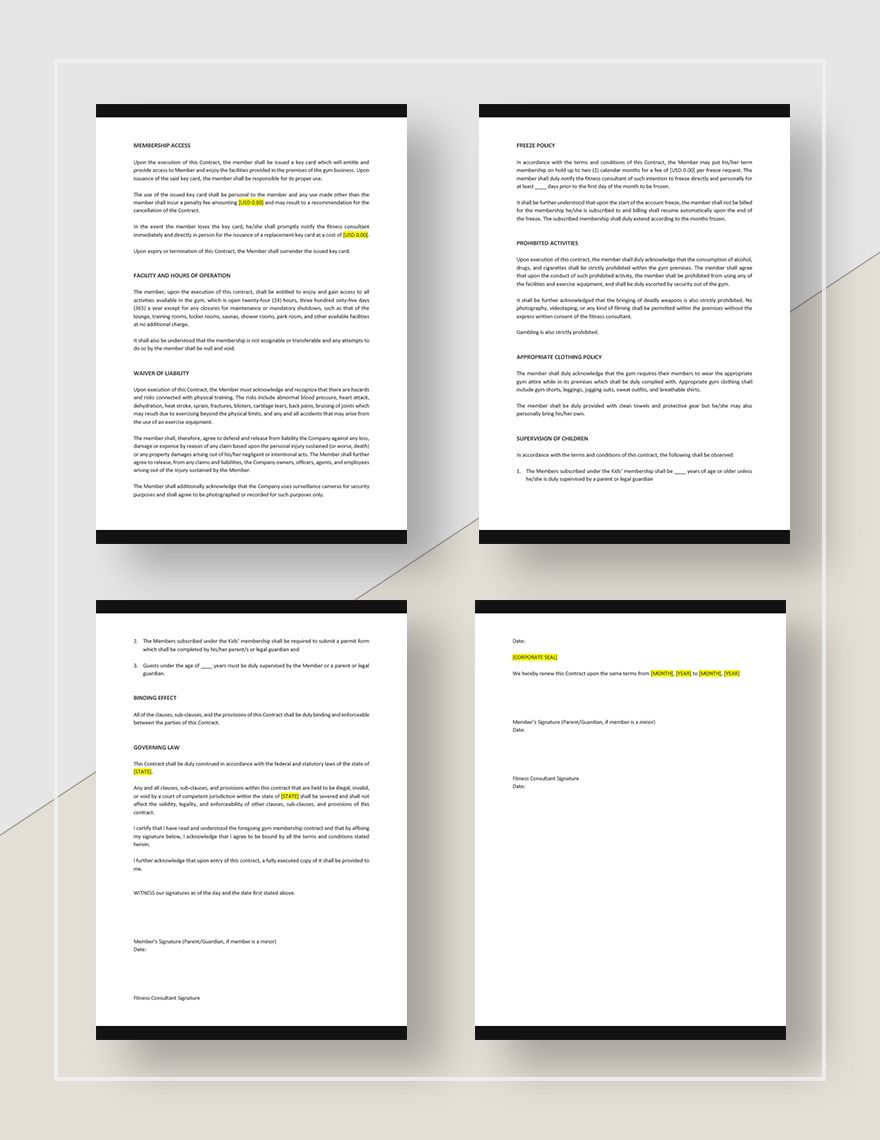 Standard Gym Membership Contract Template
