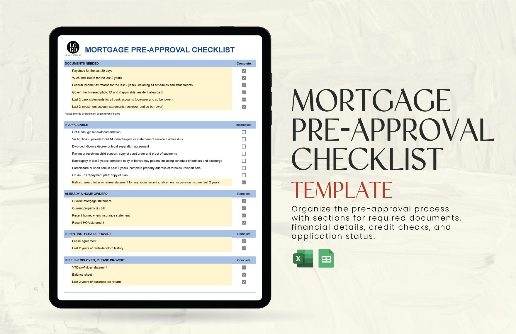 Mortgage Pre-approval Checklist in Excel, Google Sheets