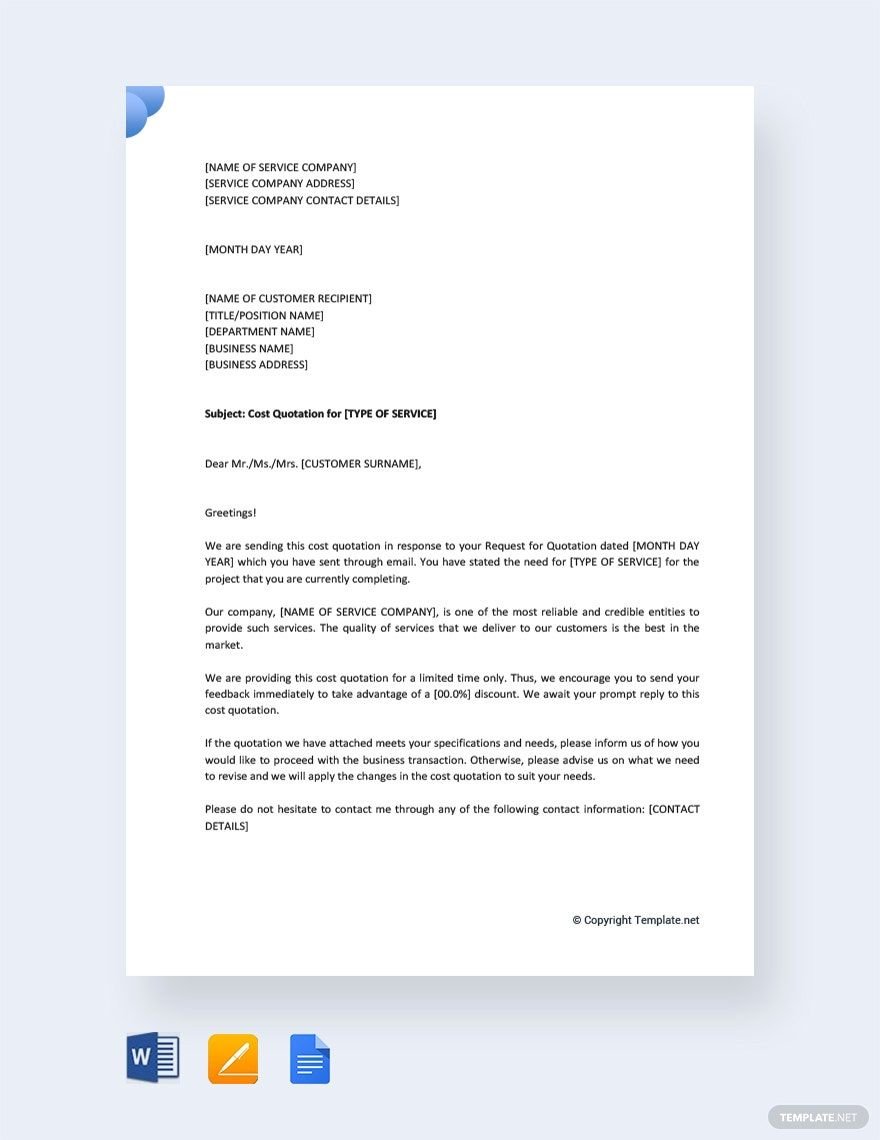 Sample Cover Letter for a Cost Quotation Template