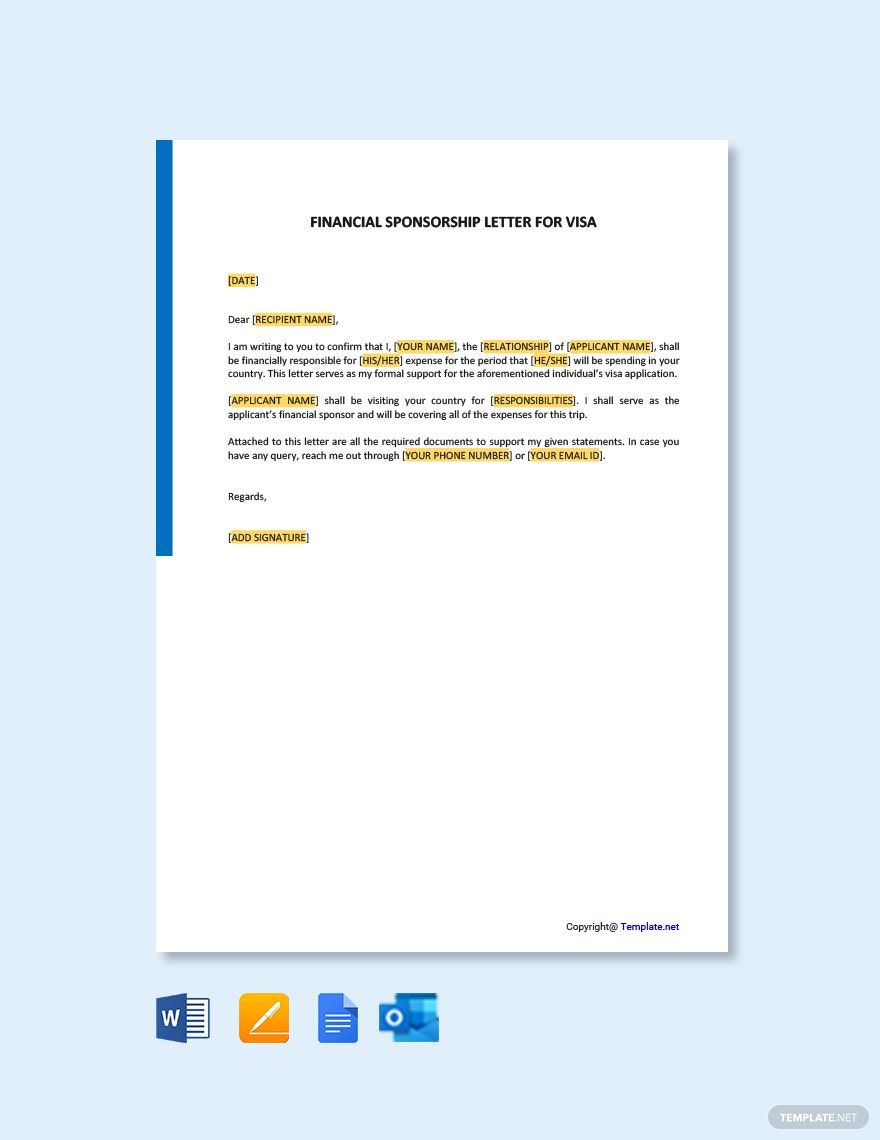 Financial Sponsorship Letter for Visa in Word, Google Docs, PDF, Apple Pages