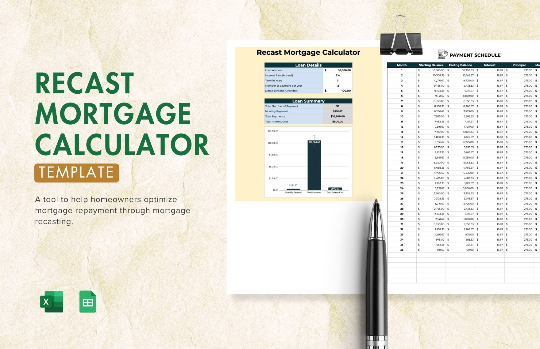 Recast Mortgage Calculator in Excel, Google Sheets