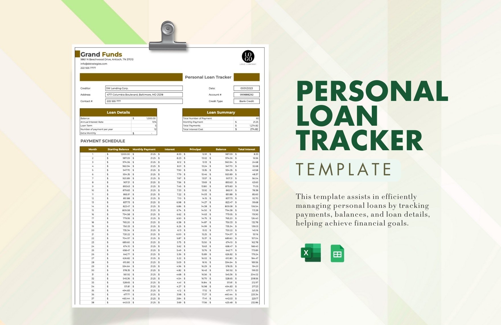 Personal Loan Tracker Template in Excel, Google Sheets