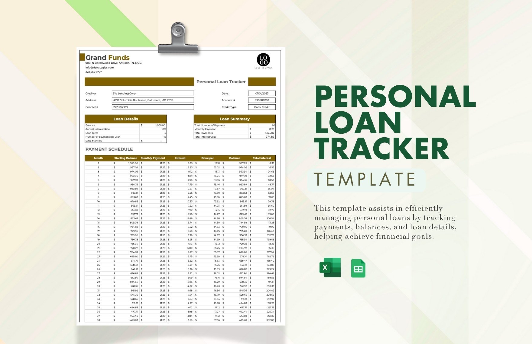 Personal Loan Tracker in Excel, Google Sheets - Download | Template.net