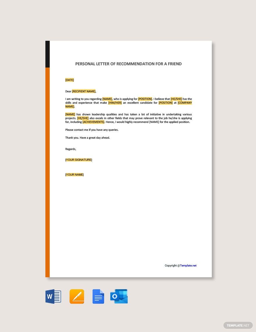 Free Personal Letter of Recommendation For A Friend in Word, Google Docs, PDF, Apple Pages