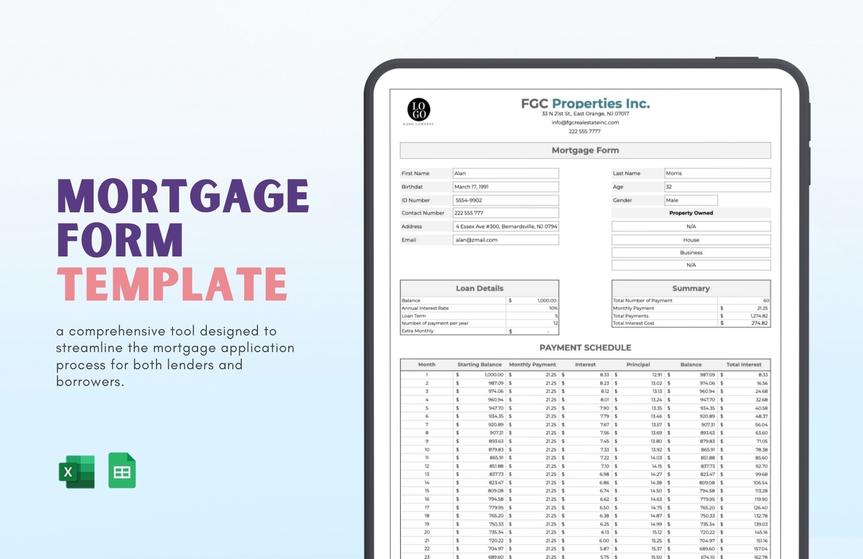 Free Mortgage Form Template in Excel, Google Sheets