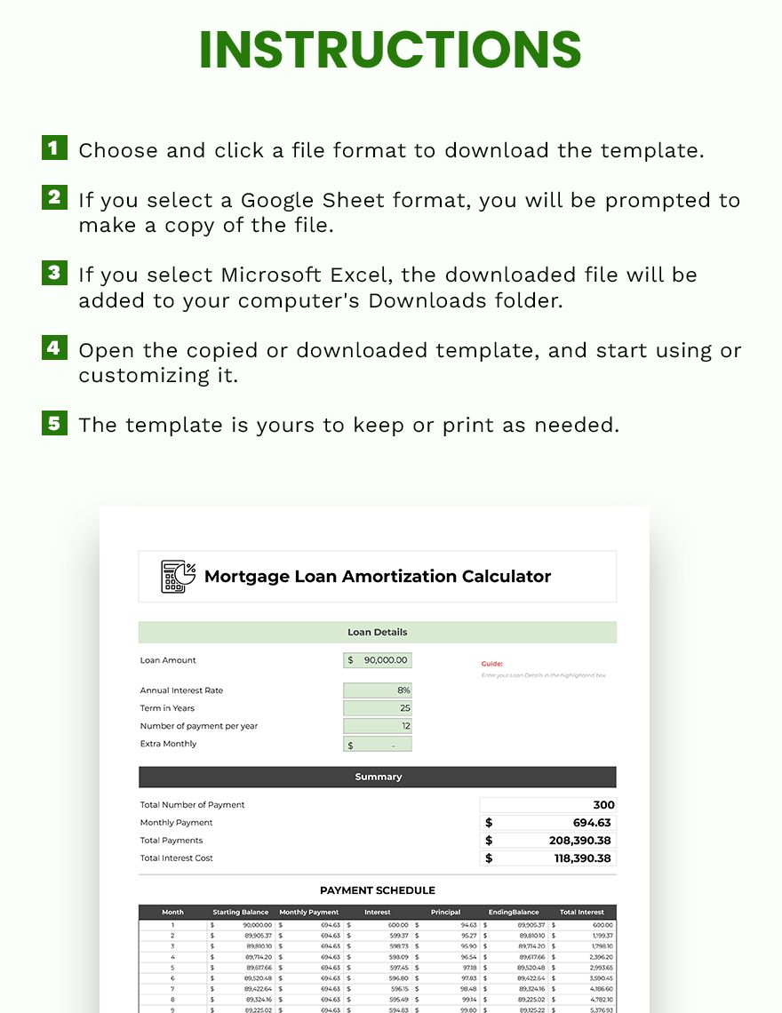 Mortgage loan amortization calculator google sheets excel template