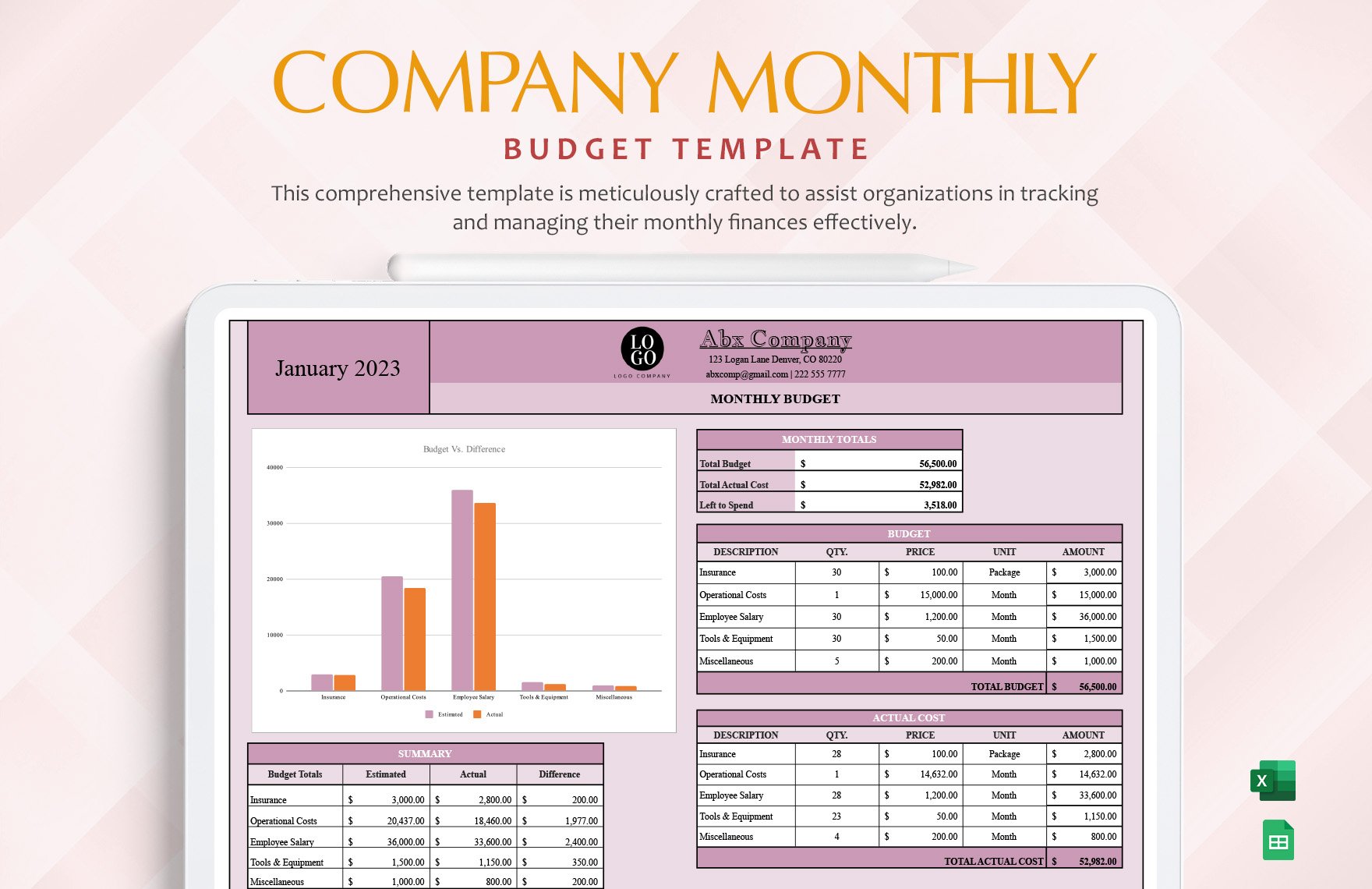 Company Monthly Budget Template in Excel, Google Sheets