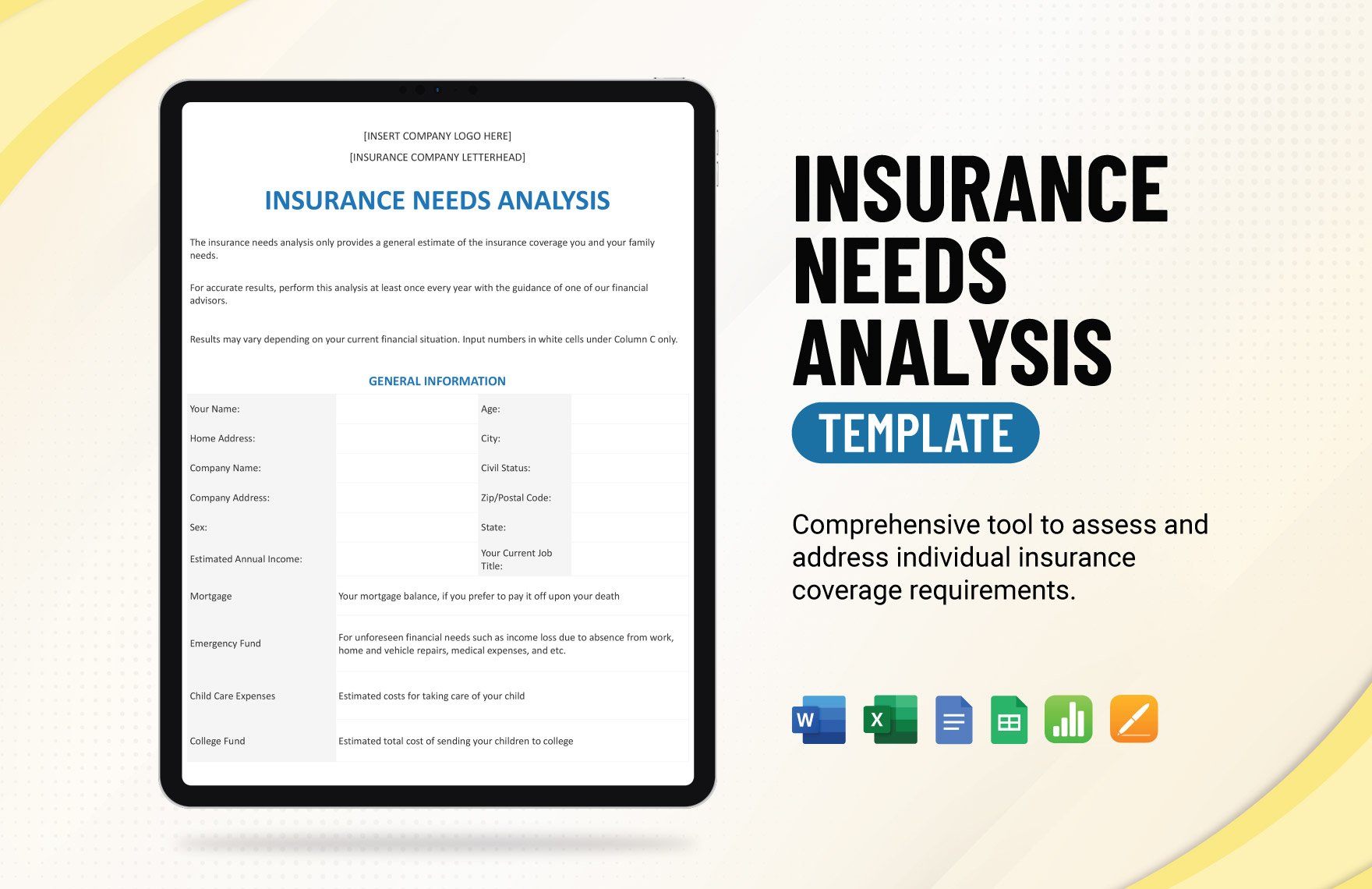 Free Insurance Needs Analysis Template in Word, Google Docs, Excel, Google Sheets, Apple Pages, Apple Numbers