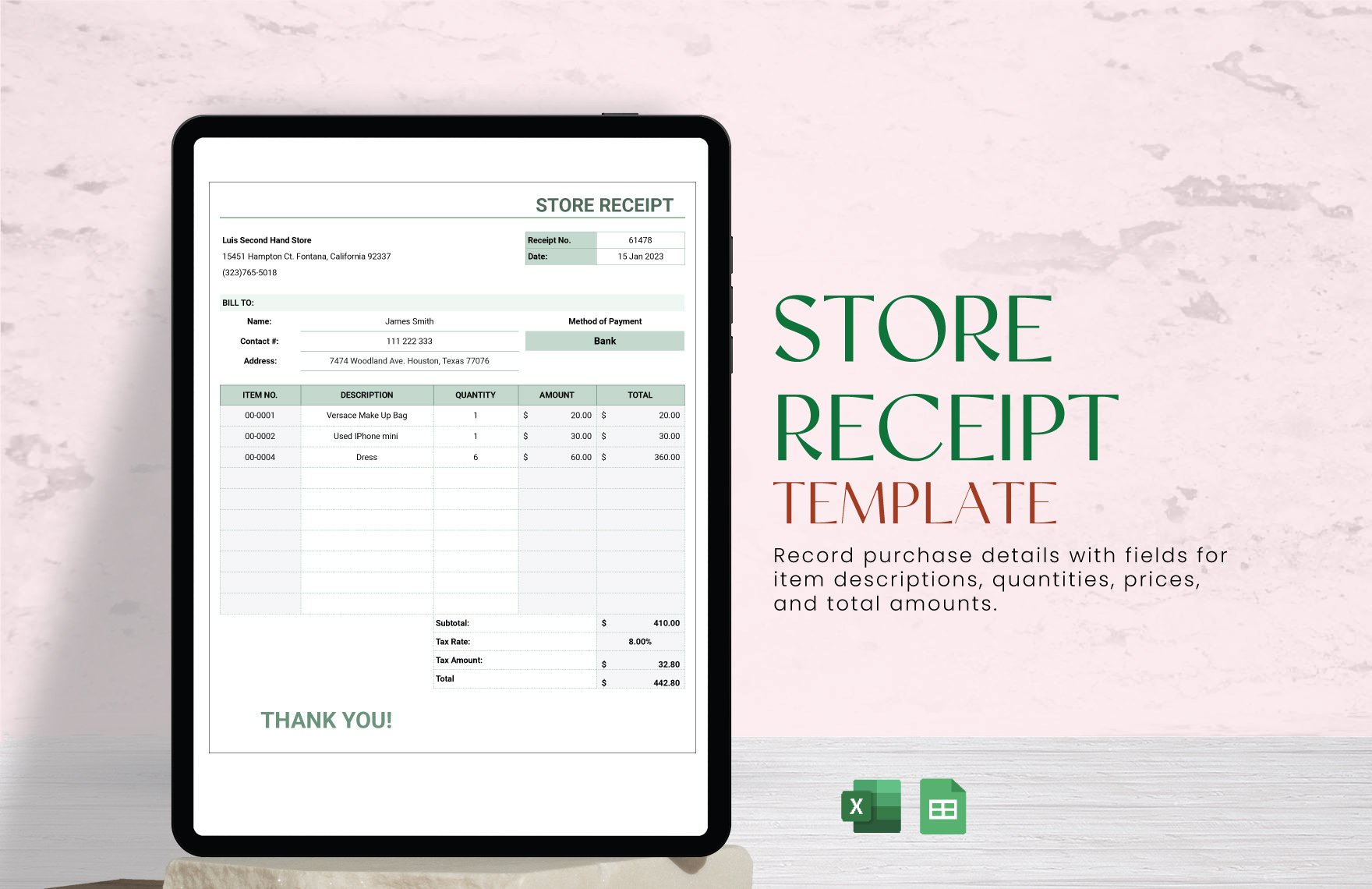 Free Store Receipt in Excel, Google Sheets