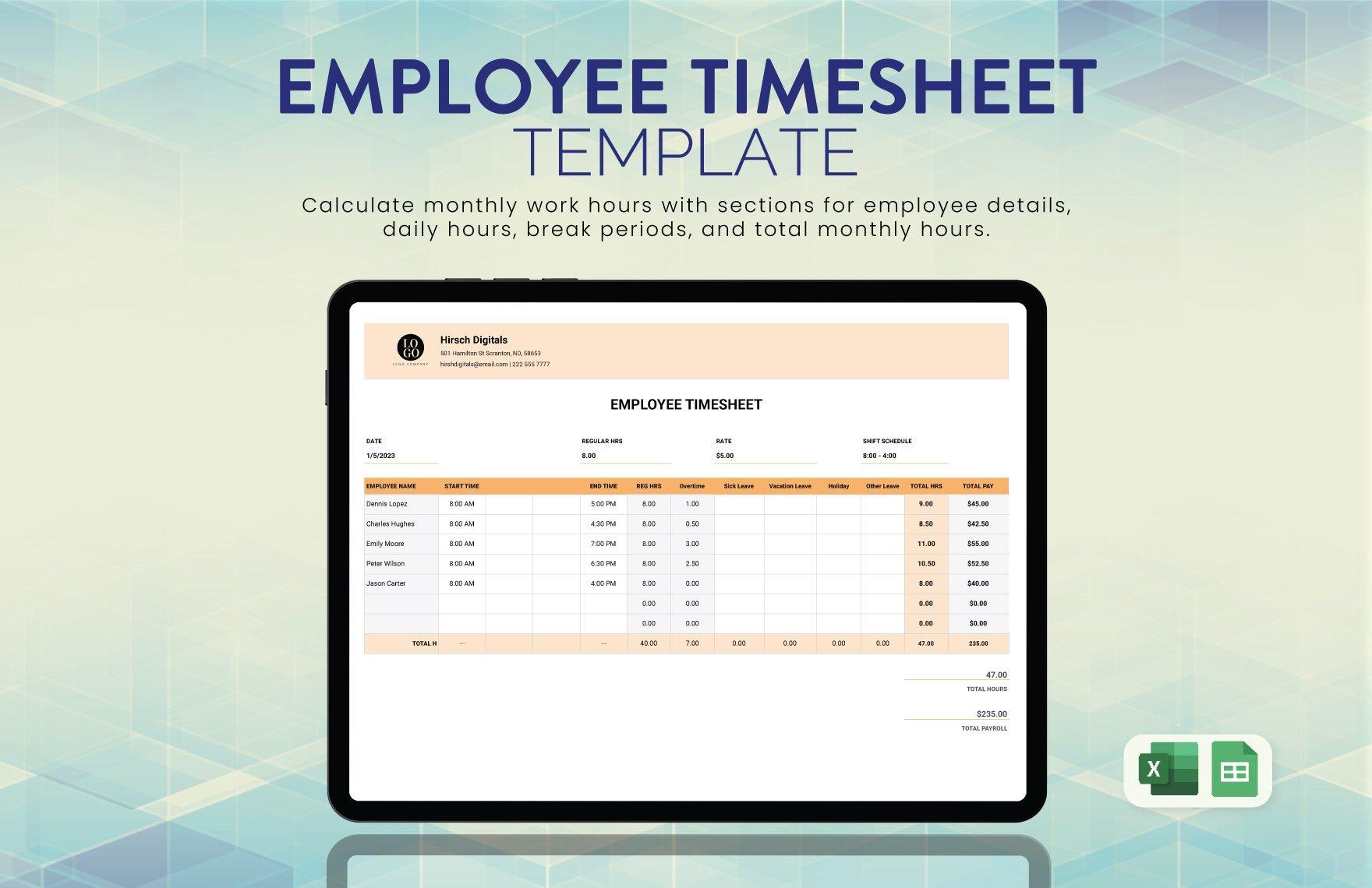 Employee Timesheet in Excel, Google Sheets