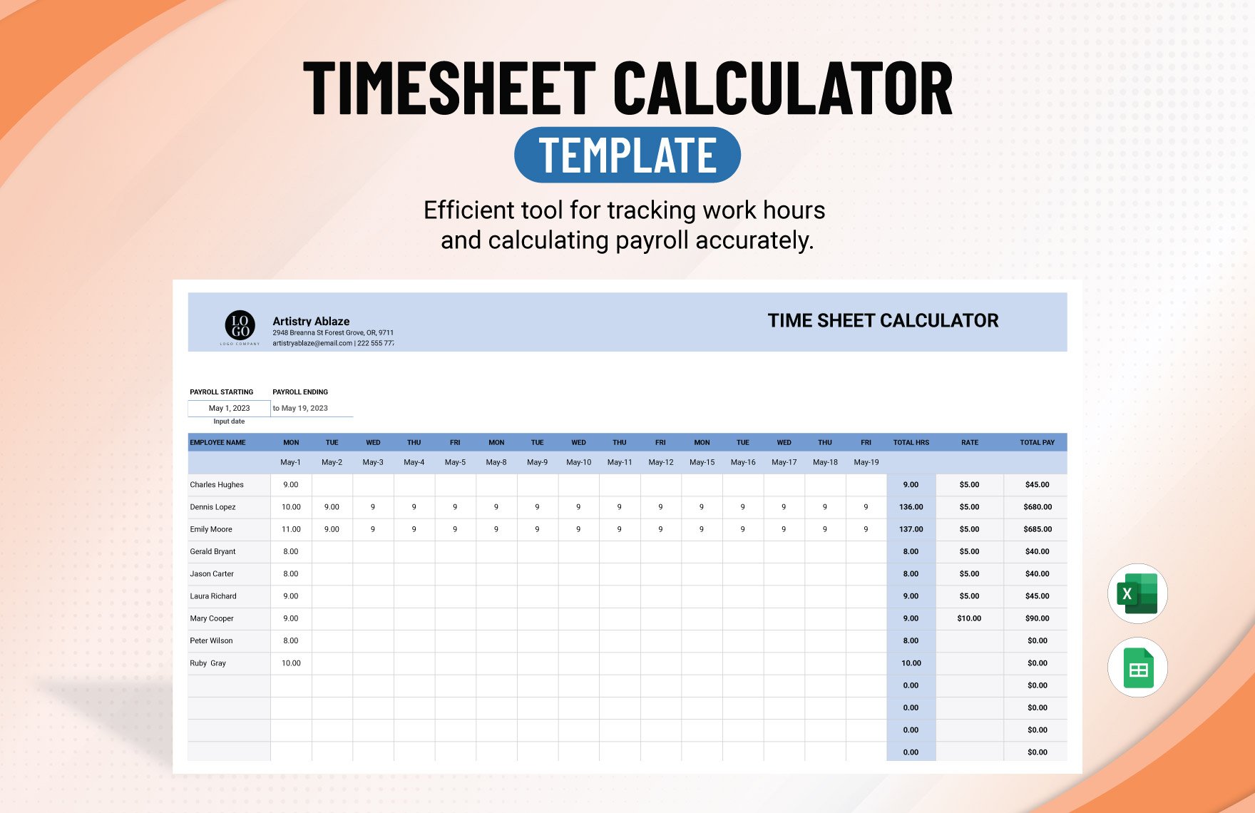 Free Timesheet Calculator Template in Excel, Google Sheets