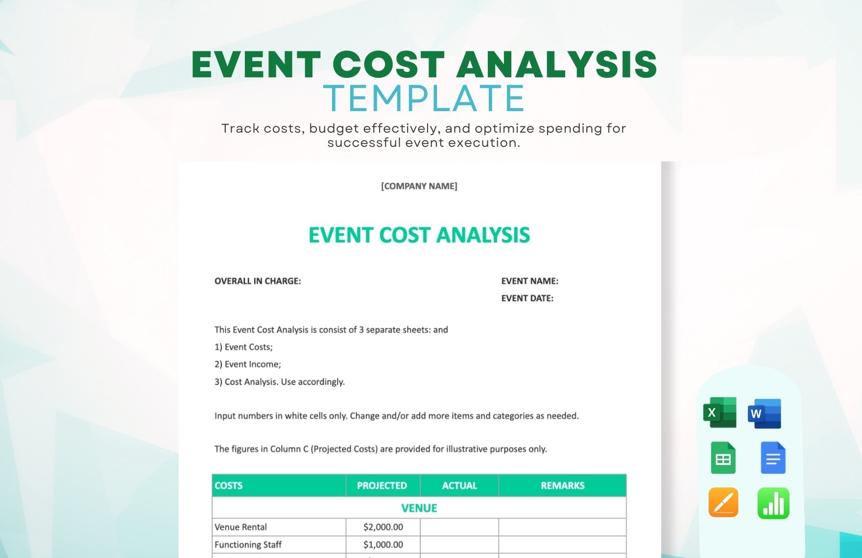 Event Cost Analysis Template in Word, Google Docs, Excel, Google Sheets, Apple Pages, Apple Numbers