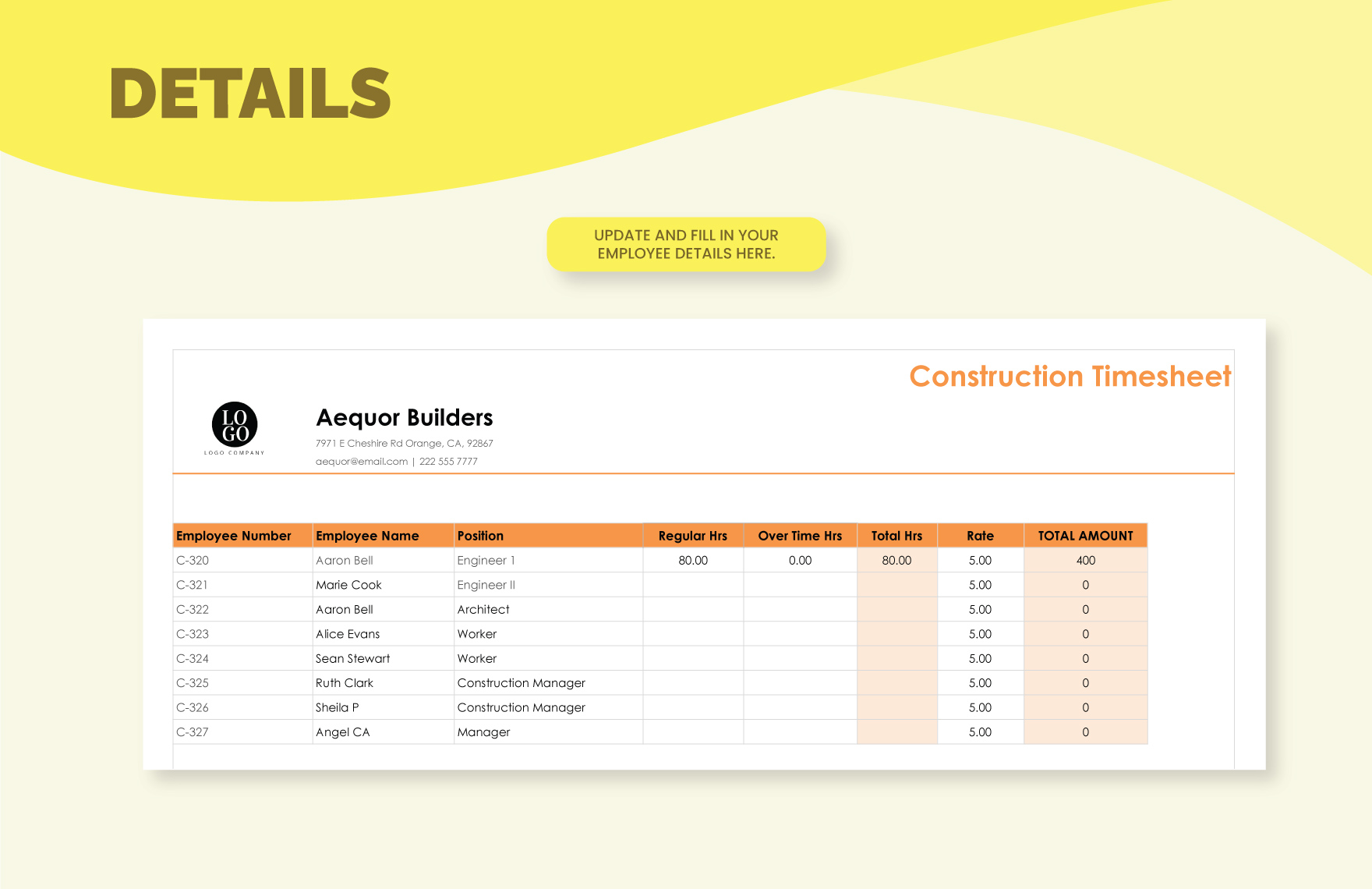 Construction Timesheet Template Download in Excel, Google Sheets