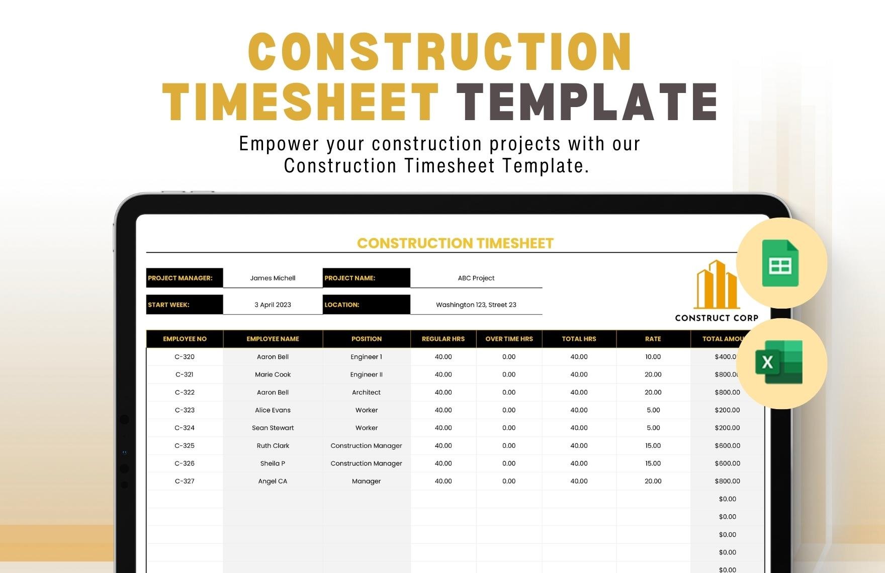 Construction Timesheet Template in Excel, Google Sheets