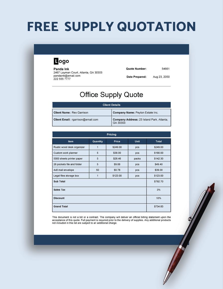 Free Supply Quotation Template Google Docs, Word