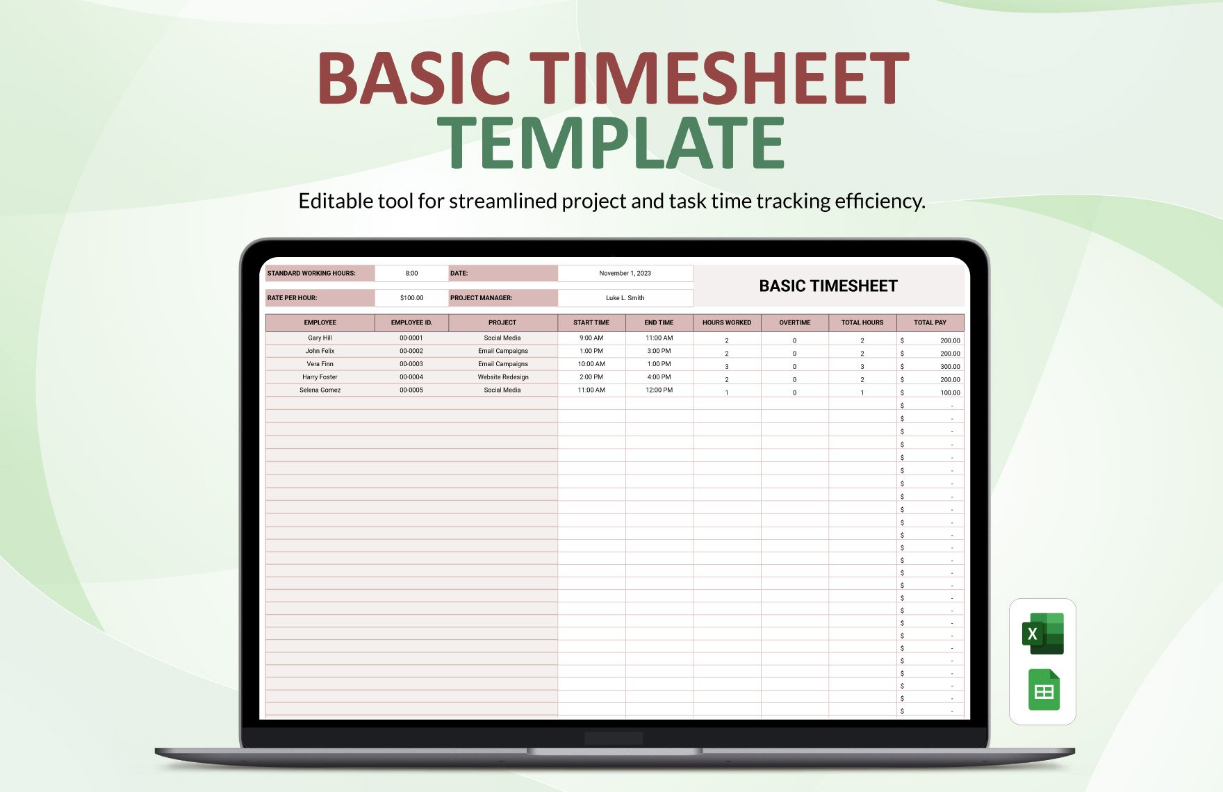 Free Basic Timesheet Template in Excel, Google Sheets