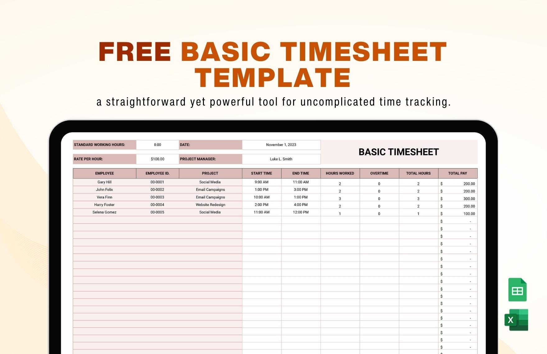 Free Basic Timesheet Template in Excel, Google Sheets