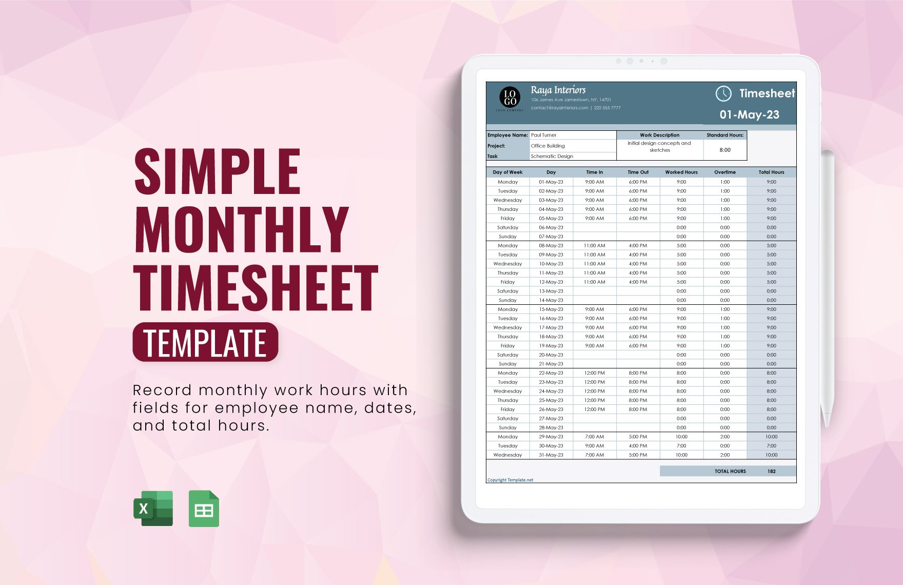 Free Simple Monthly Timesheet in Excel, Google Sheets