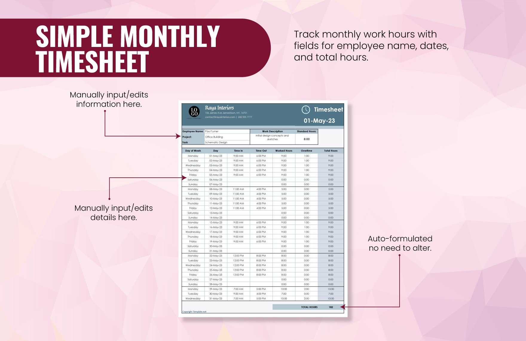 Simple Monthly Timesheet