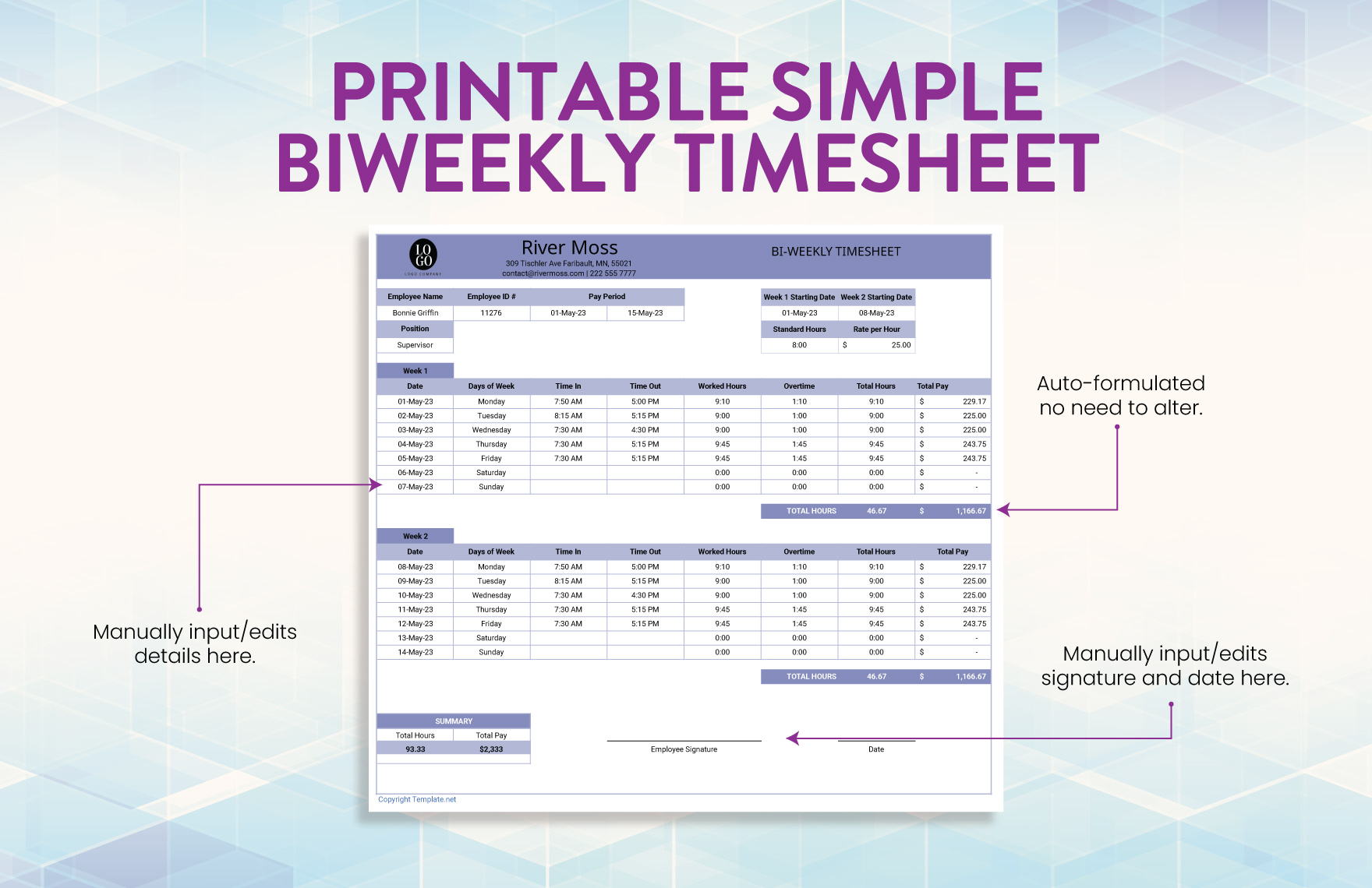 Printable Simple Biweekly Timesheet Template