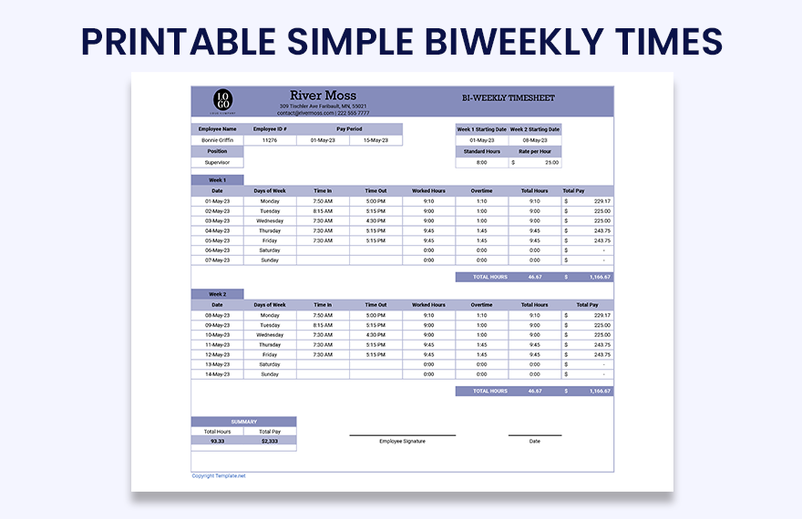 Printable Simple Biweekly Timesheet Template Google Sheets Excel