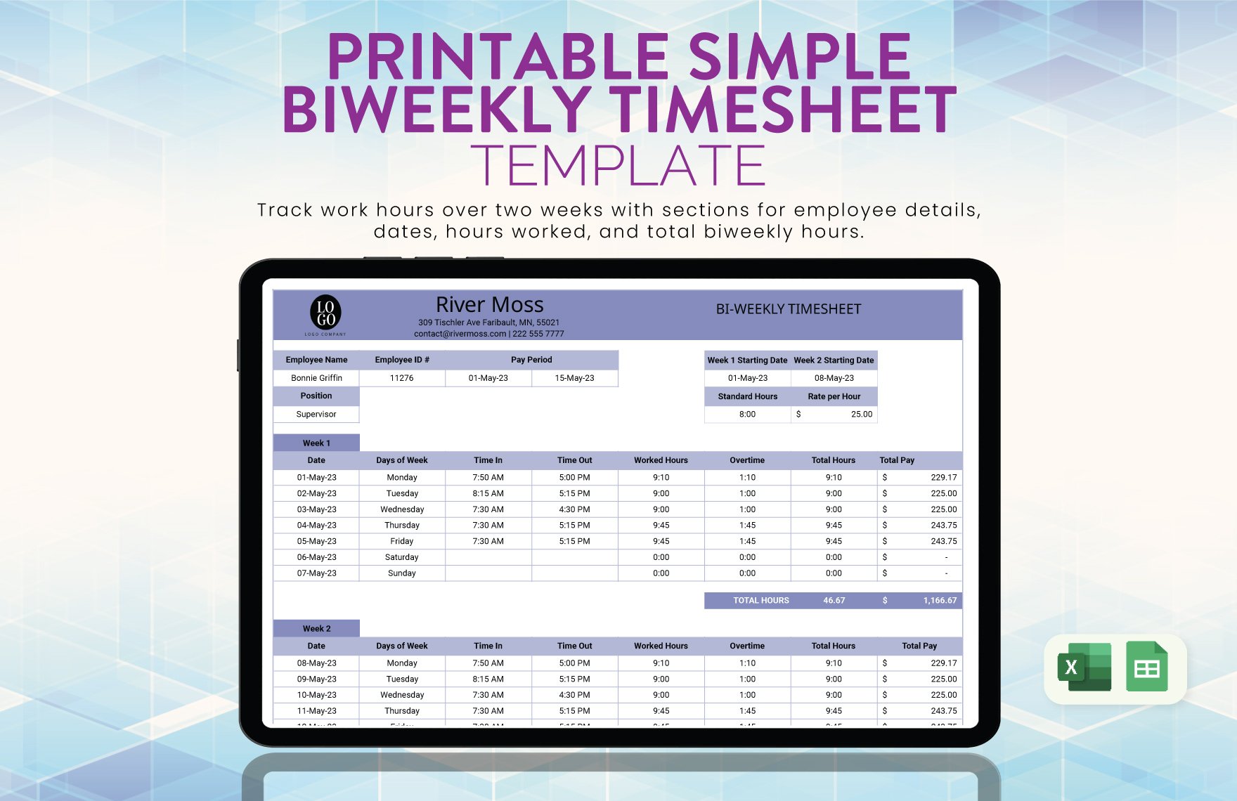 Printable Simple Biweekly Timesheet Template in Excel, Google Sheets