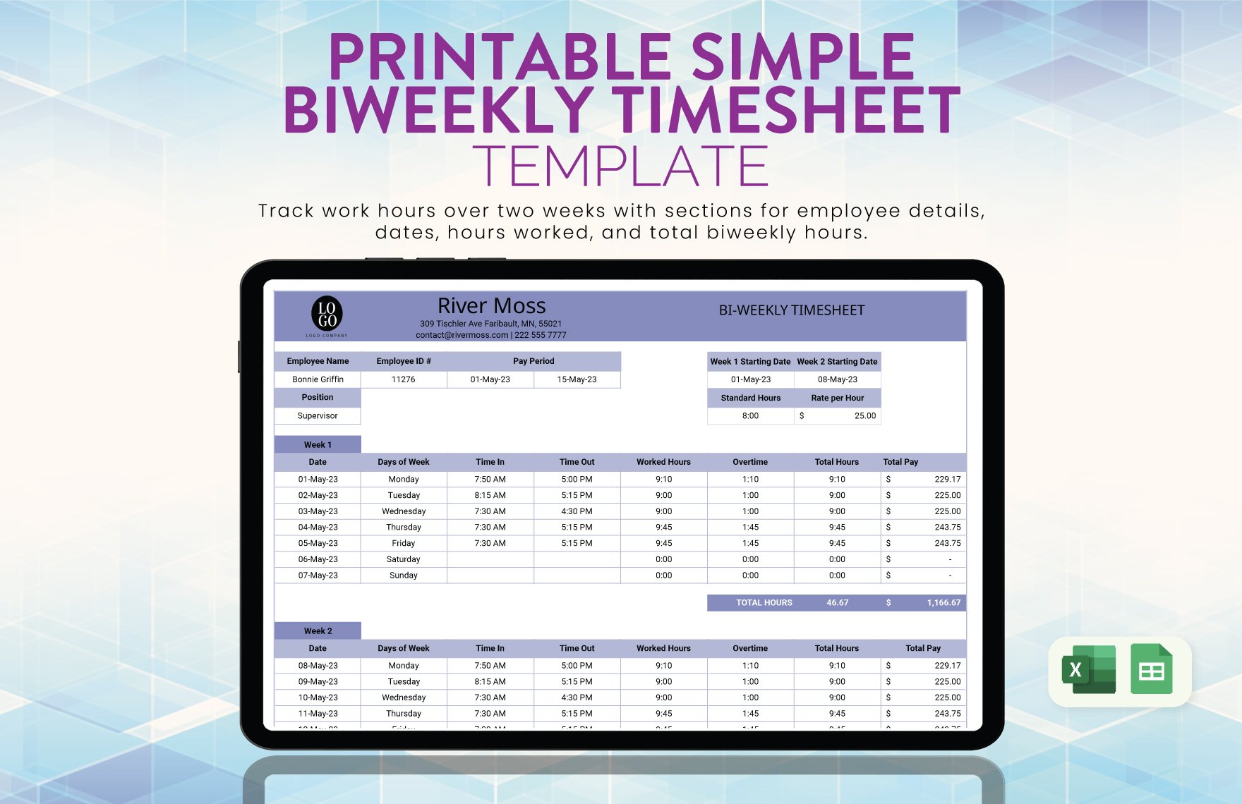 Printable Simple Biweekly Timesheet Template in Excel, Google Sheets - Download | Template.net