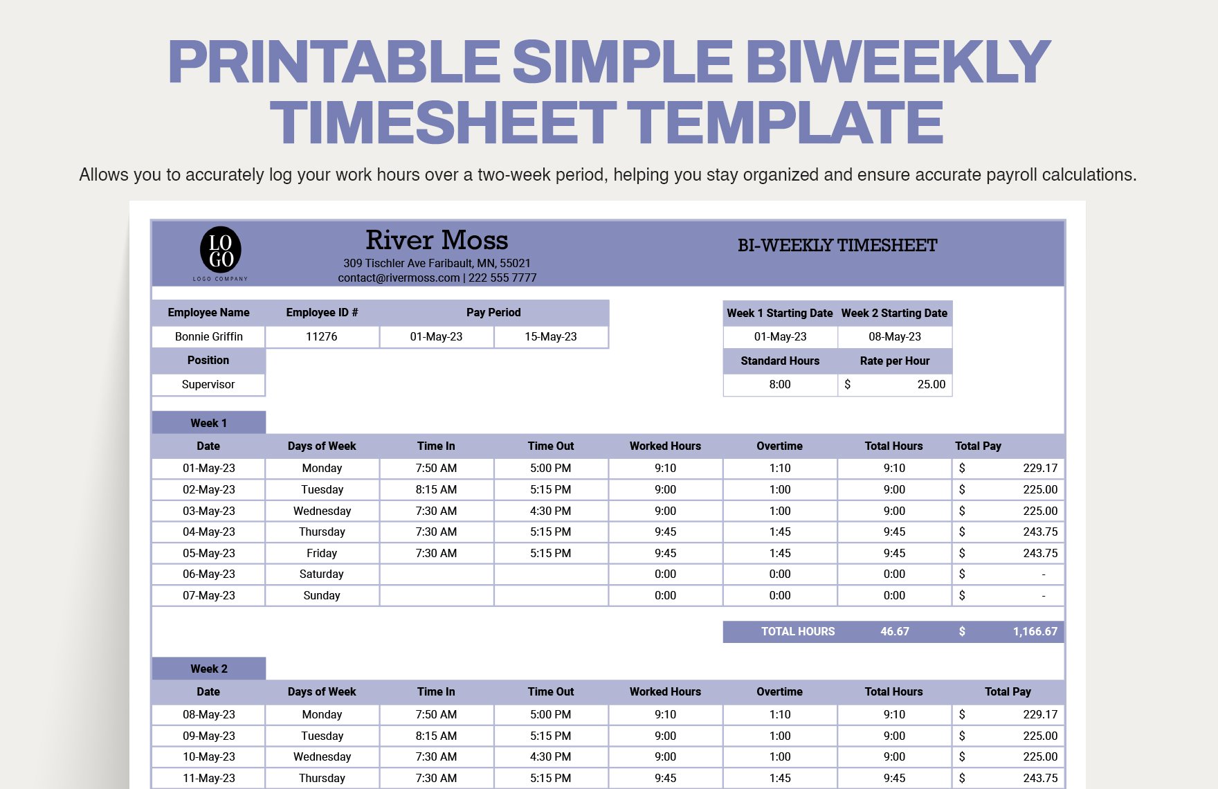 Printable Simple Biweekly Timesheet Template